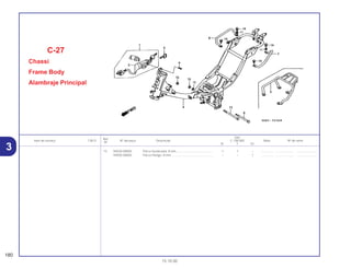 Ref.
Qtd.
Item de serviço T.M.O. Nº da peça Descrição C-100 BIZ Nota Nº de série
Nº
W Y ES
15 94030-08000 Porca Sextavada, 8 mm........................................... 1 1 – .............. ..................... .......................
94050-08000 Porca Flange, 8 mm................................................. – – 1 .............. ..................... .......................
C-27
Chassi
Frame Body
Alambraje Principal
180
15.10.00
3
 