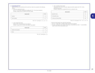 23
15.10.00
1
3. Computing the F.R.T.
When several jobs are performed at the same time, make the calculation in the following
manner.
a. Jobs of non duplicated nature
The F.R.T. for the job is obtained by totalling the F.R.T. for each part replaced.
Example: Replacement of cylinder and clutch spring.
The F.R.T. for the job is: 1.5 + 0.7 = 2.2
b. Jobs of duplicated nature
Take the F.R.T. for the last part to be replaced.
Example: Replacement of piston and cylinder head gasket.
The F.R.T. for the job is: 1.6
c. Jobs of partially related nature
Total up the F.R.T. for all of the parts replaced and then subtract the F.R.T. for the
duplicated operation.
Example: Replacement of gearshift drum and crankshaft comp.
The F.R.T. for the job is: (4.0 + 4.2) – 3.8 = 4.4
Crankcase disassembly is the duplicated operations.
• The F.R.T. shown with (*) includes engine removal and installation.
• The parts, having the same number of man-hour, are identified by a mark “•”, and classified
under the title of their representative work.
Service item F.R.T.
Gearshift drum *4.0
Crankshaft comp. *4.2
Crankcase disassembly *3.8
Service item F.R.T.
Cylinder head gasket 1.2
Piston 1.6
Service item F.R.T.
Cylinder 1.5
Clutch Spring 0.7
 