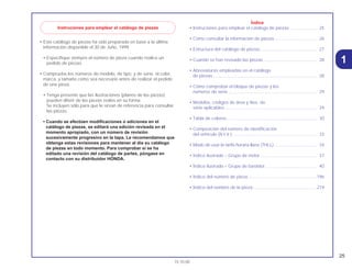 25
15.10.00
1
• Este catálogo de piezas ha sido preparado en base a la última
información disponible el 30 de Juño, 1999.
• Especifique siempre el número de pieza cuando realice un
pedido de piezas.
• Compruebe los números de modelo, de tipo, y de serie, el color,
marca, y tamaño como sea necesario antes de realizar el pedido
de una pieza.
• Tenga presente que las ilustraciones (planos de las piezas)
pueden diferir de las piezas reales en su forma.
Se incluyen sólo para que le sirvan de referencia para consultar
las piezas.
• Cuando se efectúen modificaciones o adiciones en el
catálogo de piezas, se editará una edición revisada en el
momento apropiado, con un número de revisión
sucesivamente progresivo en la tapa. Le recomendamos que
obtenga estas revisiones para mantener al día su catálogo
de piezas en todo momento. Para comprobar si se ha
editado una revisión del catálogo de partes, póngase en
contacto con su distribuidor HONDA.
Índice
• Instruciones para emplear el catálogo de piezas ...................... 25
• Cómo consultar la información de piezas .................................. 26
• Estructura del catálogo de piezas.............................................. 27
• Cuando se han revisado las piezas ........................................... 28
• Abreviaturas empleadas en el catálogo
de piezas .................................................................................... 28
• Cómo comprobar el bloque de piezas y los
números de serie........................................................................ 29
• Modelos, códigos de área y Nos. de
série aplicables .......................................................................... 29
• Tabla de colores......................................................................... 30
• Composición del número de identificación
del vehículo (N.I.V.) .................................................................... 33
• Modo de usar la tarifa horaria llana (THLL) .................................. 34
• Índice ilustrado – Grupo de motor.............................................. 37
• Índice ilustrado – Grupo de bastidor.......................................... 40
• Índice del número de pieza........................................................196
• Índice del nombre de la pieza....................................................219
Instruciones para emplear el catálogo de piezas
 