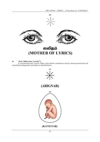 THE LAW OF LYRICS?... (A New theory on “LALITHAM”)
23
(ii)
d) “Poet” differs from “Lyricist”?...
It is focused that poet, Lyricist, Singer, artist shall be considered as having various personal traits and
scientifically distinguished personality as described below.
(i)
(ii)
 