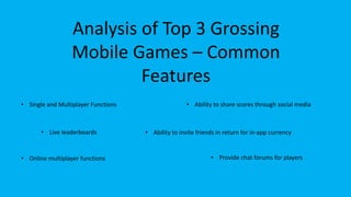 Analysis of Top 3 Grossing
Mobile Games – Common
Features
• Single and Multiplayer Functions
• Live leaderboards
• Ability to share scores through social media
• Ability to invite friends in return for in-app currency
• Provide chat forums for players• Online multiplayer functions
 