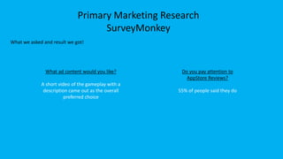 Primary Marketing Research
SurveyMonkey
What we asked and result we got!
What ad content would you like?
A short video of the gameplay with a
description came out as the overall
preferred choice
Do you pay attention to
AppStore Reviews?
55% of people said they do
 