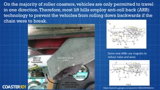 On the majority of roller coasters,vehicles are only permitted to travel
in one direction.Therefore,most lift hills employ anti-roll back (ARB)
technology to prevent the vehicles from rolling down backwards if the
chain were to break.
https://patents.google.com/patent/US8020494B2/en
Some new ARBs use magnets to
reduce noise and wear.
 