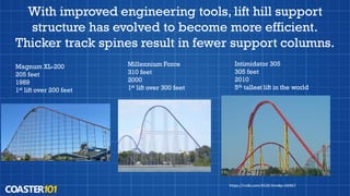 With improved engineering tools, lift hill support
structure has evolved to become more efficient.
Thicker track spines result in fewer support columns.
Magnum XL-200
205 feet
1989
1st lift over 200 feet
Millennium Force
310 feet
2000
1st lift over 300 feet
Intimidator 305
305 feet
2010
5th tallest lift in the world
https://rcdb.com/4520.htm#p=26967
 