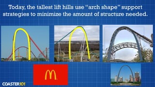 Today, the tallest lift hills use “arch shape” support
strategies to minimize the amount of structure needed.
 