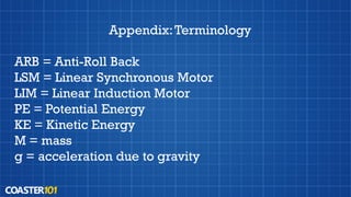 Appendix:Terminology
ARB = Anti-Roll Back
LSM = Linear Synchronous Motor
LIM = Linear Induction Motor
PE = Potential Energy
KE = Kinetic Energy
M = mass
g = acceleration due to gravity
 