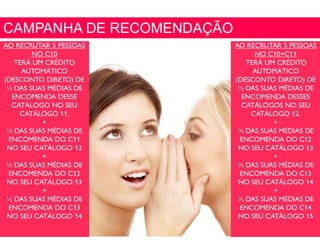 CAMPANHA DE RECOMENDAÇÃO
AO RECRUTAR 5 PESSOAS
NO C10
TERÁ UM CRÉDITO
AUTOMÁTICO
(DESCONTO DIRETO) DE
½ DAS SUAS MÉDIAS DE
ENCOMENDA DESSE
CATÁLOGO NO SEU
CATÁLOGO 11.
+
½ DAS SUAS MÉDIAS DE
ENCOMENDA DO C11
NO SEU CATÁLOGO 12
+
½ DAS SUAS MÉDIAS DE
ENCOMENDA DO C12
NO SEU CATÁLOGO 13
+
½ DAS SUAS MÉDIAS DE
ENCOMENDA DO C13
NO SEU CATÁLOGO 14
AO RECRUTAR 5 PESSOAS
NO C10+C11
TERÁ UM CRÉDITO
AUTOMÁTICO
(DESCONTO DIRETO) DE
½ DAS SUAS MÉDIAS DE
ENCOMENDA DESSES
CATÁLOGOS NO SEU
CATÁLOGO 12.
+
½ DAS SUAS MÉDIAS DE
ENCOMENDA DO C12
NO SEU CATÁLOGO 13
+
½ DAS SUAS MÉDIAS DE
ENCOMENDA DO C13
NO SEU CATÁLOGO 14
+
½ DAS SUAS MÉDIAS DE
ENCOMENDA DO C14
NO SEU CATÁLOGO 15
 
