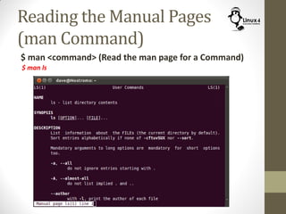 Reading the Manual Pages
(man Command)
$ man <command> (Read the man page for a Command)
$ man ls
 