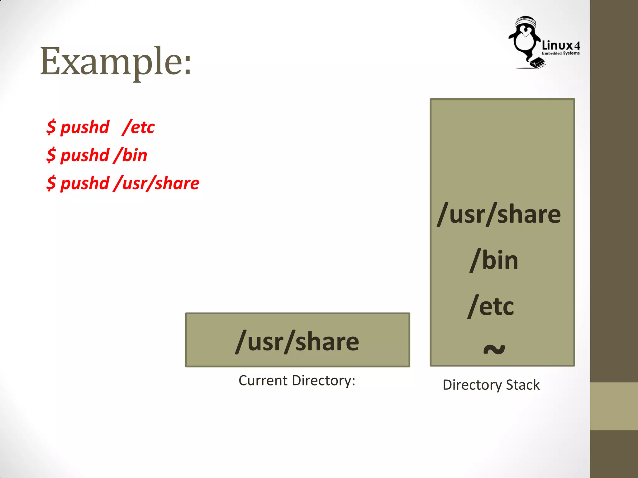 Example:
$ pushd /etc
$ pushd /bin
$ pushd /usr/share
Current Directory: Directory Stack
/etc
/bin
/usr/share
~
/usr/share
 