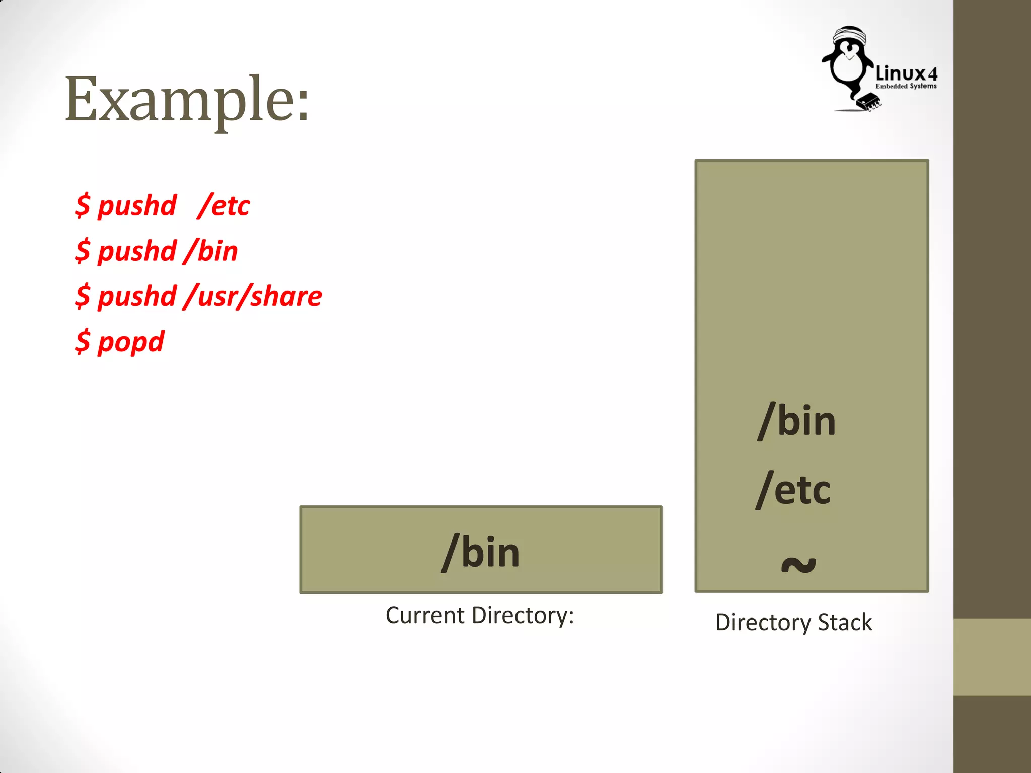 Example:
$ pushd /etc
$ pushd /bin
$ pushd /usr/share
$ popd
Current Directory: Directory Stack
/bin
/etc
/bin
~
 