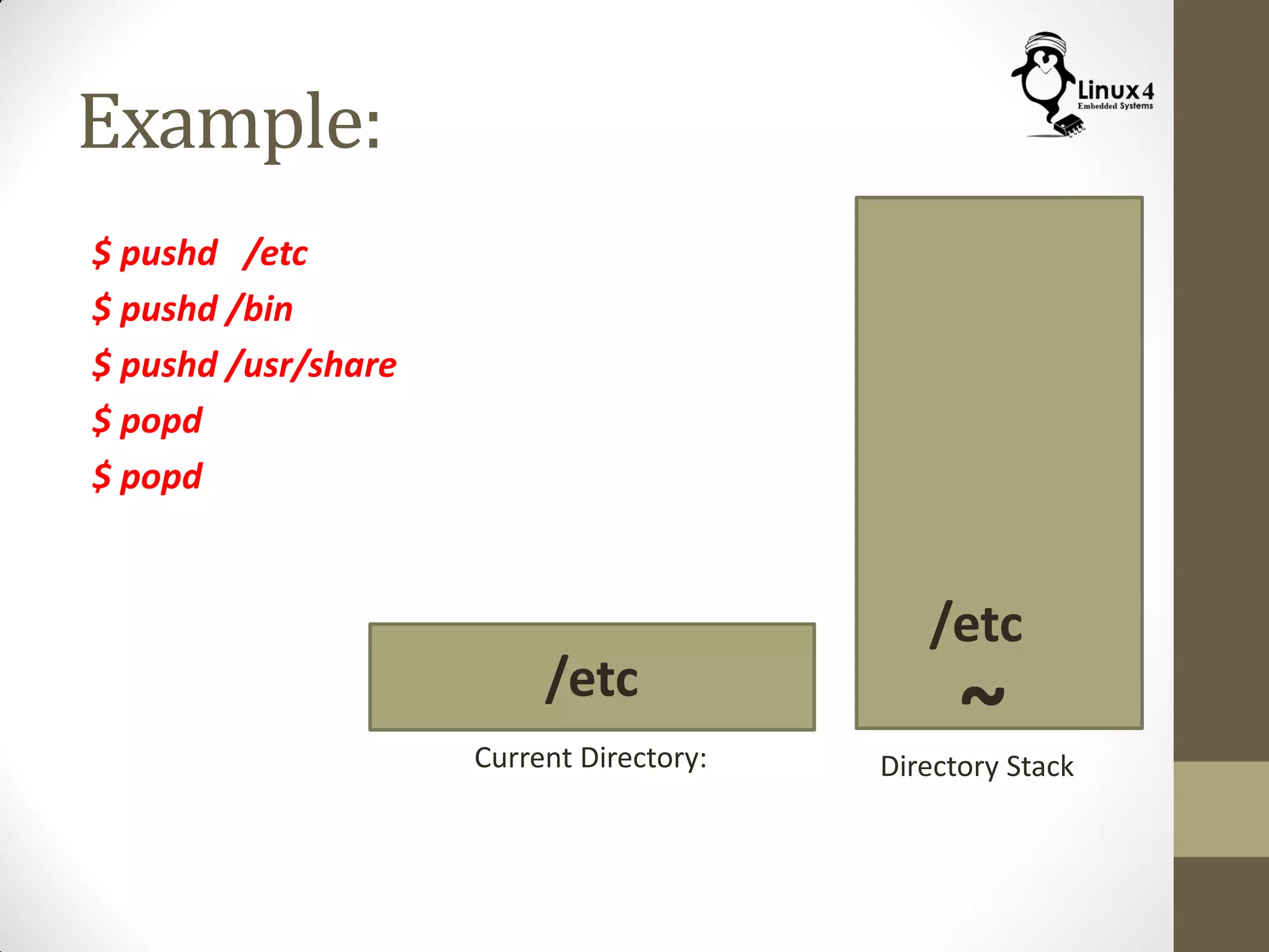 Example:
$ pushd /etc
$ pushd /bin
$ pushd /usr/share
$ popd
$ popd
Current Directory: Directory Stack
/etc
/etc
~
 