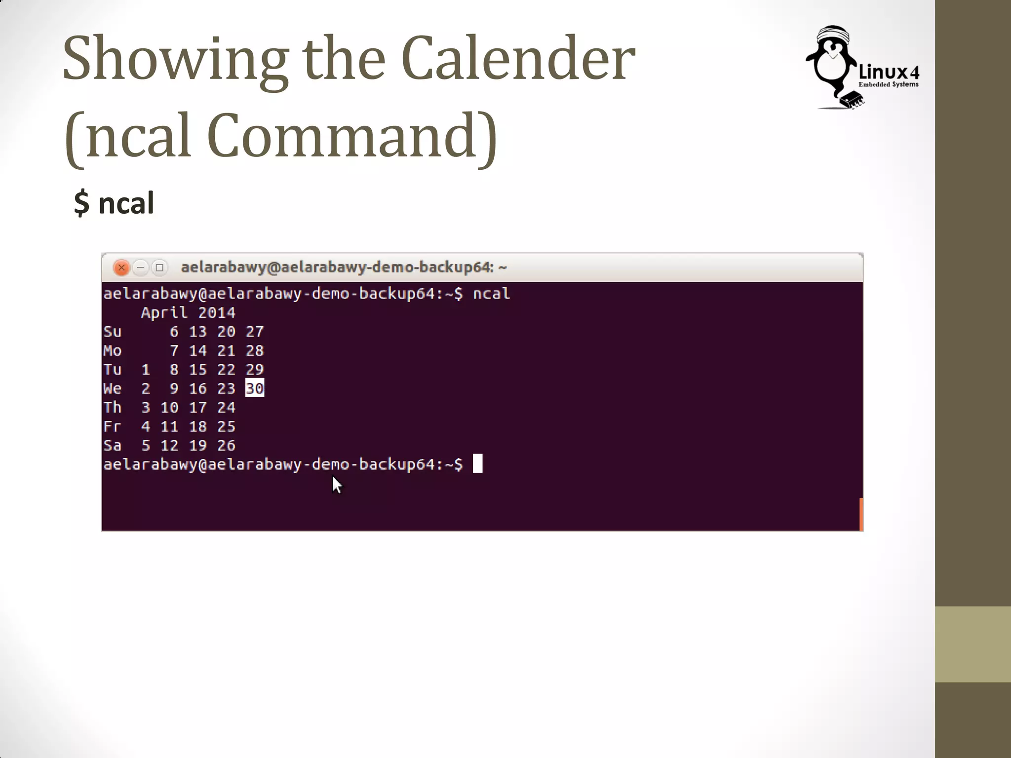 Showing the Calender
(ncal Command)
$ ncal
 