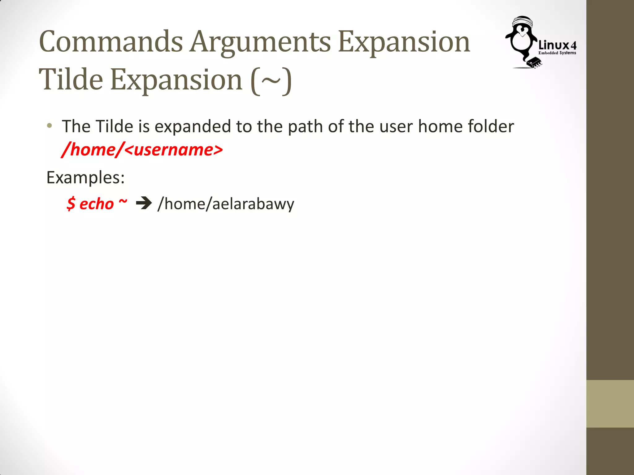 Commands Arguments Expansion
Tilde Expansion (~)
• The Tilde is expanded to the path of the user home folder
/home/<username>
Examples:
$ echo ~  /home/aelarabawy
 