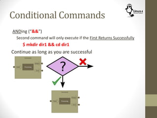 Conditional Commands
ANDing (“&&”)
Second command will only execute if the First Returns Successfully
$ mkdir dir1 && cd dir1
Continue as long as you are successful
 