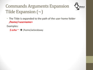 Commands Arguments Expansion
Tilde Expansion (~)
• The Tilde is expanded to the path of the user home folder
/home/<username>
Examples:
$ echo ~  /home/aelarabawy
 