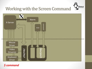 Working with the Screen Command
Keyboard
Driver
X-Server
Mouse
Driver
Video
Driver(s)
/dev/tty7
Xterm
Shell
command
/dev/pts/1
$ command
 