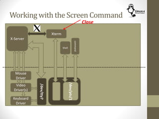 Working with the Screen Command
Keyboard
Driver
X-Server
Mouse
Driver
Video
Driver(s)
/dev/tty7
Xterm
Shell
command
/dev/pts/1
Close
 