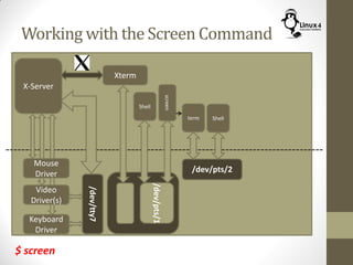 Working with the Screen Command
Keyboard
Driver
X-Server
Mouse
Driver
Video
Driver(s)
/dev/tty7
Xterm
Shell
/dev/pts/1
screen
term
/dev/pts/2
Shell
$ screen
 