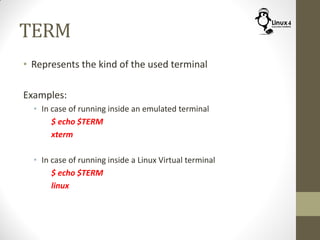 TERM
• Represents the kind of the used terminal
Examples:
• In case of running inside an emulated terminal
$ echo $TERM
xterm
• In case of running inside a Linux Virtual terminal
$ echo $TERM
linux
 