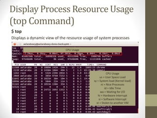 Display Process Resource Usage
(top Command)
$ top
Displays a dynamic view of the resource usage of system processes
CPU Usage
CPU Usage
us = User Space Load
sy = System load (Kernel load)
ni = Nice Processes
id = Idle Time
wa = Waiting for I/O
hi = Hardware Interrupt
si = Software Interrupt
st = Stolen to another VM
 