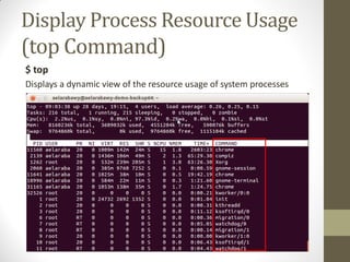 Display Process Resource Usage
(top Command)
$ top
Displays a dynamic view of the resource usage of system processes
 