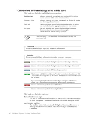 Conventions and terminology used in this book
                         This book uses the following highlighting conventions:

                         Boldface type                 Indicates commands or graphical user interface (GUI) controls
                                                       such as names of fields, icons, or menu choices.
                         Monospace type                Indicates examples of text you enter exactly as shown, file names,
                                                       and directory paths and names.
                         Italic type                   Used to emphasize words. Italics also indicate names for which
                                                       you must substitute the appropriate values for your system.
                         host_name                     The fully qualified host name of the WebSphere Commerce
                                                       development environmentsystem (for example,
                                                       server1.torolab.ibm.com is fully qualified).


                                                  This icon marks a Tip - additional information that can help you
                                                  complete a task.




                              Important
                             These sections highlight especially important information.



                              Attention
                             These sections highlight information intended to protect your data.


                            2000
                           Enterprise    Indicates information specific to WebSphere Commerce Developer Enterprise


                            2000
                          Professional   Indicates information specific to WebSphere Commerce Developer Professional


                          Cloudscape     Indicates information specific to IBM Cloudscape database.


                            2000
                             DB2         All references to DB2 Universal Database™ in this book refer to the edition of DB2
                                         Universal Database supported by the edition of WebSphere Commerce Developer
                                         you are using.

                                         If you are using WebSphere Commerce Developer Enterprise or Profession
                                         edition, DB2 Universal Database Enterprise Server Edition is supported.

                            Oracle
                            2000         Indicates information specific to Oracle9i Database.

                                         Indicates information specific to Oracle10g Database


                         This book uses the following terms:
                         back-office business logic
                                The part of your store that customers do not see. Back-office business logic
                                includes WebSphere Commerce commands, data beans, enterprise beans
                         development machine
                                The machine onto which you install WebSphere Commerce Developer to
                                develop store-front assets or back-office business logic for WebSphere
                                Commerce.


vi   WebSphere Commerce Developer Installation Guide
 