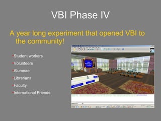 VBI Phase IV A year long experiment that opened VBI to the community! Student workers Volunteers Alumnae Librarians Faculty International Friends 