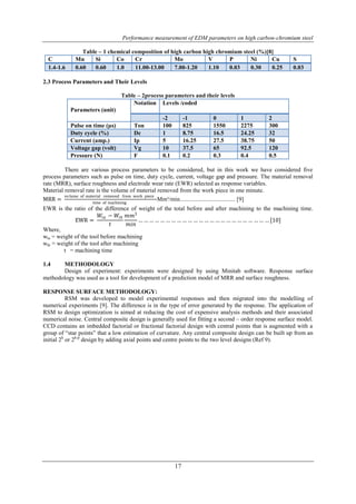 Performance measurement of EDM parameters on high carbon-chromium steel 
Table – 1 chemical composition of high carbon high chromium steel (%)[8] 
C Mn Si Co Cr Mo V P Ni Cu S 
1.4-1.6 0.60 0.60 1.0 11.00-13.00 7.00-1.20 1.10 0.03 0.30 0.25 0.03 
17 
2.3 Process Parameters and Their Levels 
Table – 2process parameters and their levels 
Parameters (unit) 
Notation 
Levels /coded 
-2 -1 0 1 2 
Pulse on time (μs) Ton 100 825 1550 2275 300 
Duty cycle (%) Dc 1 8.75 16.5 24.25 32 
Current (amp.) Ip 5 16.25 27.5 38.75 50 
Voltage gap (volt) Vg 10 37.5 65 92.5 120 
Pressure (N) F 0.1 0.2 0.3 0.4 0.5 
There are various process parameters to be considered, but in this work we have considered five 
process parameters such as pulse on time, duty cycle, current, voltage gap and pressure. The material removal 
rate (MRR), surface roughness and electrode wear rate (EWR) selected as response variables. 
Material removal rate is the volume of material removed from the work piece in one minute. 
vo lume of material removed from work piece 
MRR = 
time of machining 
Mm³/min..................................... [9] 
EWR is the ratio of the difference of weight of the total before and after machining to the machining time. 
EWR = 
푊푡푎 − 푊푡푏 
푡 
푚푚3 
푚푖푛 
… … … … … … … … … … … … … … … … … … … … … … … … [10] 
Where, 
wta = weight of the tool before machining 
wtb = weight of the tool after machining 
t = machining time 
1.4 METHODOLOGY 
Design of experiment: experiments were designed by using Minitab software. Response surface 
methodology was used as a tool for development of a prediction model of MRR and surface roughness. 
RESPONSE SURFACE METHODOLOGY: 
RSM was developed to model experimental responses and then migrated into the modelling of 
numerical experiments [9]. The difference is in the type of error generated by the response. The application of 
RSM to design optimization is aimed at reducing the cost of expensive analysis methods and their associated 
numerical noise. Central composite design is generally used for fitting a second – order response surface model. 
CCD contains an imbedded factorial or fractional factorial design with central points that is augmented with a 
group of “star points” that a low estimation of curvature. Any central composite design can be built up from an 
initial 2k or 2k-p design by adding axial points and centre points to the two level designs (Ref 9). 
 