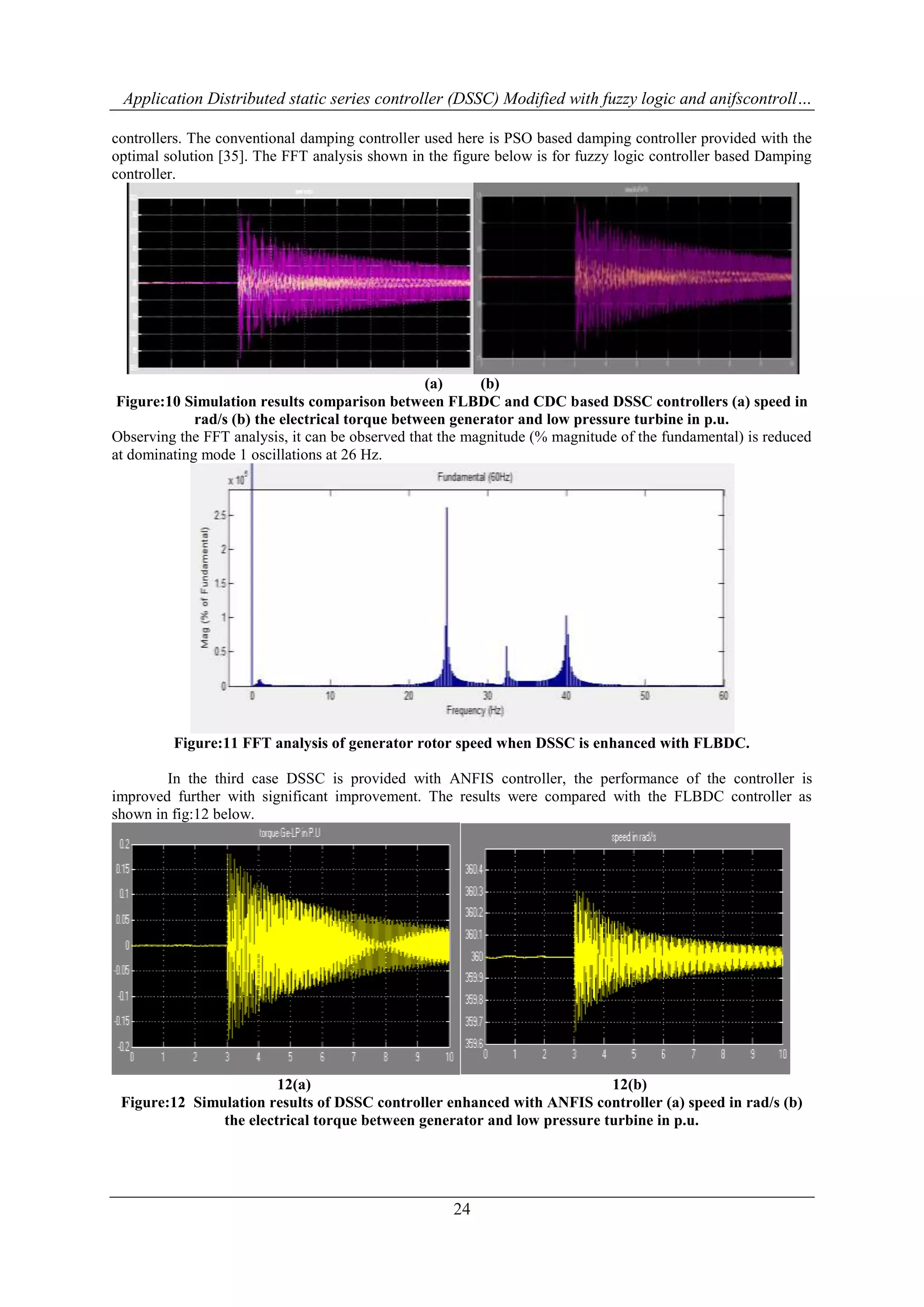 Application Distributed static series controller (DSSC) Modified with fuzzy logic and anifscontroll… 
controllers. The conventional damping controller used here is PSO based damping controller provided with the 
optimal solution [35]. The FFT analysis shown in the figure below is for fuzzy logic controller based Damping 
controller. 
(a) (b) 
Figure:10 Simulation results comparison between FLBDC and CDC based DSSC controllers (a) speed in 
rad/s (b) the electrical torque between generator and low pressure turbine in p.u. 
Observing the FFT analysis, it can be observed that the magnitude (% magnitude of the fundamental) is reduced 
at dominating mode 1 oscillations at 26 Hz. 
Figure:11 FFT analysis of generator rotor speed when DSSC is enhanced with FLBDC. 
In the third case DSSC is provided with ANFIS controller, the performance of the controller is 
improved further with significant improvement. The results were compared with the FLBDC controller as 
shown in fig:12 below. 
12(a) 12(b) 
Figure:12 Simulation results of DSSC controller enhanced with ANFIS controller (a) speed in rad/s (b) 
the electrical torque between generator and low pressure turbine in p.u. 
24 
 