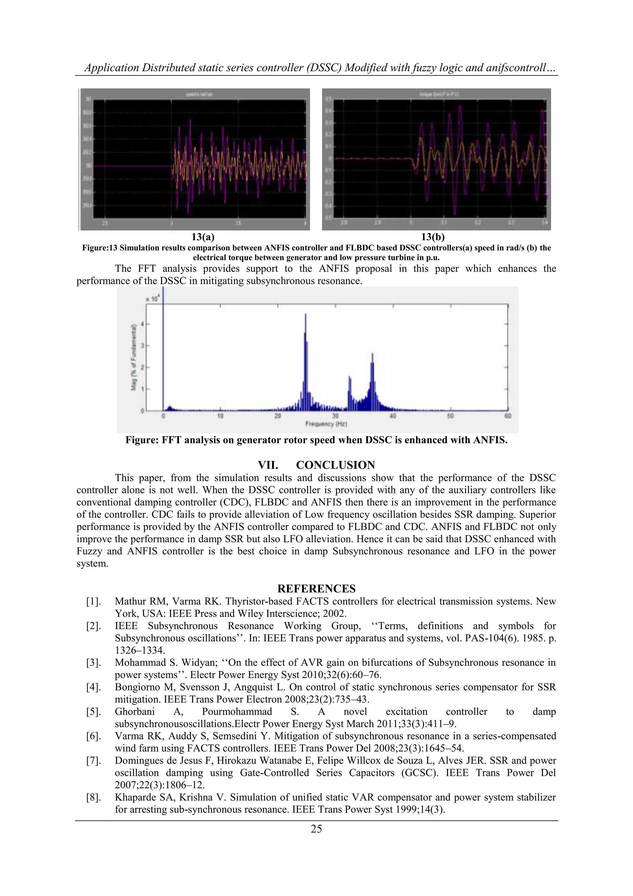 Application Distributed static series controller (DSSC) Modified with fuzzy logic and anifscontroll… 
13(a) 13(b) 
Figure:13 Simulation results comparison between ANFIS controller and FLBDC based DSSC controllers(a) speed in rad/s (b) the 
electrical torque between generator and low pressure turbine in p.u. 
The FFT analysis provides support to the ANFIS proposal in this paper which enhances the 
performance of the DSSC in mitigating subsynchronous resonance. 
Figure: FFT analysis on generator rotor speed when DSSC is enhanced with ANFIS. 
VII. CONCLUSION 
This paper, from the simulation results and discussions show that the performance of the DSSC 
controller alone is not well. When the DSSC controller is provided with any of the auxiliary controllers like 
conventional damping controller (CDC), FLBDC and ANFIS then there is an improvement in the performance 
of the controller. CDC fails to provide alleviation of Low frequency oscillation besides SSR damping. Superior 
performance is provided by the ANFIS controller compared to FLBDC and CDC. ANFIS and FLBDC not only 
improve the performance in damp SSR but also LFO alleviation. Hence it can be said that DSSC enhanced with 
Fuzzy and ANFIS controller is the best choice in damp Subsynchronous resonance and LFO in the power 
system. 
REFERENCES 
[1]. Mathur RM, Varma RK. Thyristor-based FACTS controllers for electrical transmission systems. New 
York, USA: IEEE Press and Wiley Interscience; 2002. 
[2]. IEEE Subsynchronous Resonance Working Group, „„Terms, definitions and symbols for 
Subsynchronous oscillations‟‟. In: IEEE Trans power apparatus and systems, vol. PAS-104(6). 1985. p. 
1326–1334. 
[3]. Mohammad S. Widyan; „„On the effect of AVR gain on bifurcations of Subsynchronous resonance in 
power systems‟‟. Electr Power Energy Syst 2010;32(6):60–76. 
[4]. Bongiorno M, Svensson J, Angquist L. On control of static synchronous series compensator for SSR 
mitigation. IEEE Trans Power Electron 2008;23(2):735–43. 
[5]. Ghorbani A, Pourmohammad S. A novel excitation controller to damp 
subsynchronousoscillations.Electr Power Energy Syst March 2011;33(3):411–9. 
[6]. Varma RK, Auddy S, Semsedini Y. Mitigation of subsynchronous resonance in a series-compensated 
wind farm using FACTS controllers. IEEE Trans Power Del 2008;23(3):1645–54. 
[7]. Domingues de Jesus F, Hirokazu Watanabe E, Felipe Willcox de Souza L, Alves JER. SSR and power 
oscillation damping using Gate-Controlled Series Capacitors (GCSC). IEEE Trans Power Del 
2007;22(3):1806–12. 
[8]. Khaparde SA, Krishna V. Simulation of unified static VAR compensator and power system stabilizer 
for arresting sub-synchronous resonance. IEEE Trans Power Syst 1999;14(3). 
25 
 