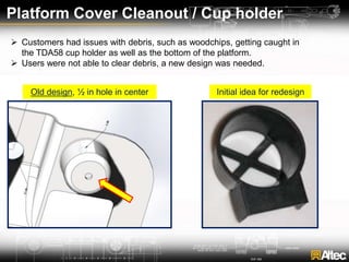 Platform Cover Cleanout / Cup holder
 Customers had issues with debris, such as woodchips, getting caught in
the TDA58 cup holder as well as the bottom of the platform.
 Users were not able to clear debris, a new design was needed.
Old design, ½ in hole in center Initial idea for redesign
 