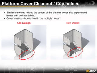 Platform Cover Cleanout / Cup holder
 Similar to the cup holder, the bottom of the platform cover also experienced
issues with built-up debris.
 Cover must continue to hold in the multiple hoses
Old Design New Design
 