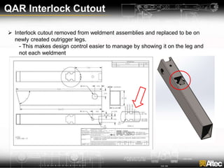 QAR Interlock Cutout
 Interlock cutout removed from weldment assemblies and replaced to be on
newly created outrigger legs.
- This makes design control easier to manage by showing it on the leg and
not each weldment
 