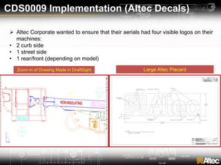 CDS0009 Implementation (Altec Decals)
 Altec Corporate wanted to ensure that their aerials had four visible logos on their
machines:
• 2 curb side
• 1 street side
• 1 rear/front (depending on model)
Zoom-in of Drawing Made in DraftSight Large Altec Placard
 