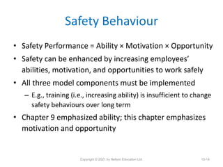 Safety Behaviour
• Safety Performance = Ability × Motivation × Opportunity
• Safety can be enhanced by increasing employee...
