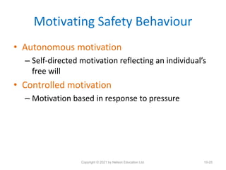 Motivating Safety Behaviour
• Autonomous motivation
– Self-directed motivation reflecting an individual’s
free will
• Cont...