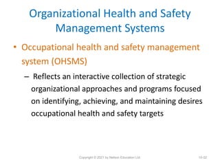 Organizational Health and Safety
Management Systems
• Occupational health and safety management
system (OHSMS)
– Reflects ...