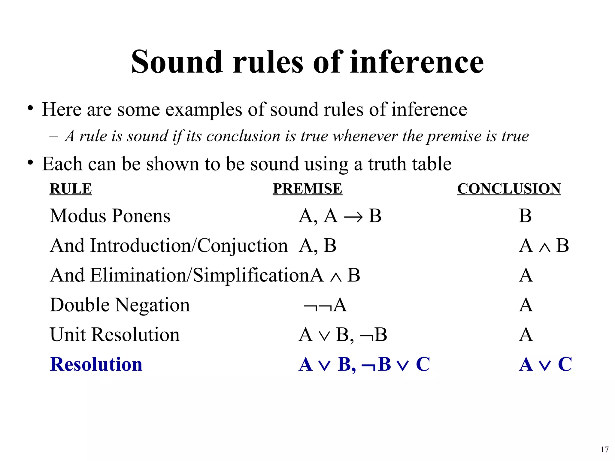 Sound rules of inference
• Here are some examples of sound rules of inference
  – A rule is sound if its conclusion is true whenever the premise is true
• Each can be shown to be sound using a truth table
  RULE                             PREMISE                     CONCLUSION
  Modus Ponens                 A, A → B                                 B
  And Introduction/Conjuction A, B                                      A∧B
  And Elimination/SimplificationA ∧ B                                   A
  Double Negation              ¬¬A                                      A
  Unit Resolution              A ∨ B, ¬B                                A
  Resolution                   A ∨ B, ¬B ∨ C                            A∨ C


                                                                               17
 