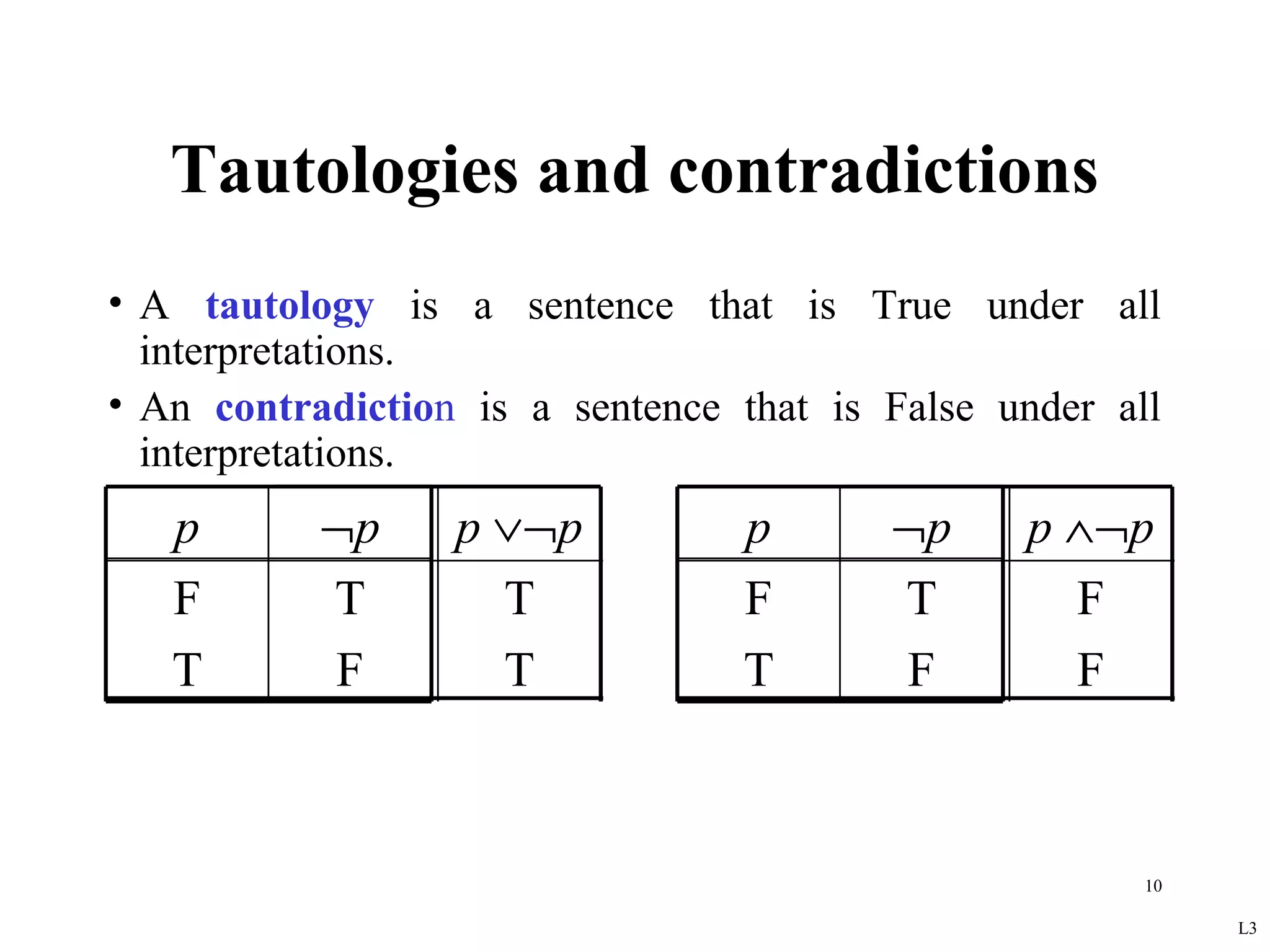 Tautologies and contradictions
• A tautology is a sentence that is True under all
  interpretations.
• An contradiction is a sentence that is False under all
  interpretations.
   p       ¬p     p ∨¬p          p       ¬p     p ∧¬p
   F       T        T            F       T        F
   T       F        T            T       F        F



                                                       10

                                                            L3
 