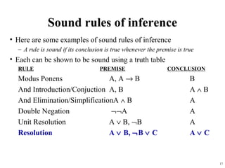 Sound rules of inference
• Here are some examples of sound rules of inference
  – A rule is sound if its conclusion is true whenever the premise is true
• Each can be shown to be sound using a truth table
  RULE                             PREMISE                     CONCLUSION
  Modus Ponens                 A, A → B                                 B
  And Introduction/Conjuction A, B                                      A∧B
  And Elimination/SimplificationA ∧ B                                   A
  Double Negation              ¬¬A                                      A
  Unit Resolution              A ∨ B, ¬B                                A
  Resolution                   A ∨ B, ¬B ∨ C                            A∨ C


                                                                               17
 