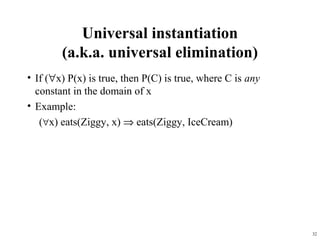 Universal instantiation
        (a.k.a. universal elimination)
• If (∀x) P(x) is true, then P(C) is true, where C is any
  constant in the domain of x
• Example:
   (∀x) eats(Ziggy, x) ⇒ eats(Ziggy, IceCream)




                                                            32
 