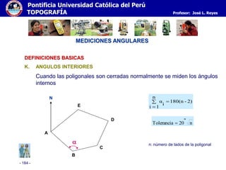 - 184 -
Pontificia Universidad Católica del Perú
TOPOGRAFÍA Profesor: José L. Reyes
MEDICIONES ANGULARES
K. ANGULOS INTERIORES
Cuando las poligonales son cerradas normalmente se miden los ángulos
internos
n: número de lados de la poligonal
DEFINICIONES BASICAS
N
E
D
C
B
A

2)-180(n
n
1i
i
α 

n
"
20Tolerancia 
 