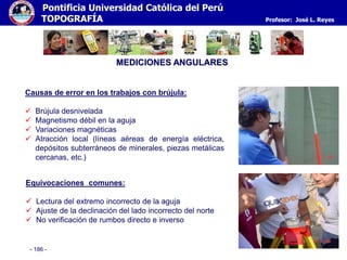 - 186 -
Pontificia Universidad Católica del Perú
TOPOGRAFÍA Profesor: José L. Reyes
MEDICIONES ANGULARES
Causas de error en los trabajos con brújula:
 Brújula desnivelada
 Magnetismo débil en la aguja
 Variaciones magnéticas
 Atracción local (líneas aéreas de energía eléctrica,
depósitos subterráneos de minerales, piezas metálicas
cercanas, etc.)
Equivocaciones comunes:
 Lectura del extremo incorrecto de la aguja
 Ajuste de la declinación del lado incorrecto del norte
 No verificación de rumbos directo e inverso
 