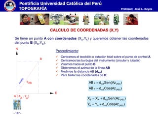 - 187 -
Pontificia Universidad Católica del Perú
TOPOGRAFÍA Profesor: José L. Reyes
CALCULO DE COORDENADAS (X,Y)
B
A ( X , Y )
A A
E
Az(AB)
ABd
N
Se tiene un punto A con coordenadas (XA,YA) y queremos obtener las coordenadas
del punto B (XB,YB).
Procedimiento:
 Centramos el teodolito o estación total sobre el punto de control A
 Centramos las burbujas del instrumento (circular y tubular)
 Visamos hacia el punto B
 Obtenemos el azimut de la línea AB
 Medimos la distancia AB (dAB)
 Para hallar las coordenadas de B:
)
)
(AB)ΑΒΑΒ
(AB)ΑΒΑΒ
ΑzCos(dYY
ΑzSen(dXX


)
)
(AB)ΑΒY
(AB)ΑΒX
ΑzCos(dAB
ΑzSen(dAB


 