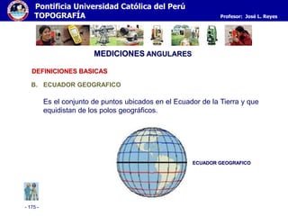 - 175 -
Pontificia Universidad Católica del Perú
TOPOGRAFÍA Profesor: José L. Reyes
MEDICIONES ANGULARES
B. ECUADOR GEOGRAFICO
Es el conjunto de puntos ubicados en el Ecuador de la Tierra y que
equidistan de los polos geográficos.
ECUADOR GEOGRAFICO
DEFINICIONES BASICAS
 