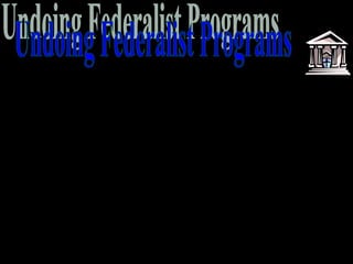 • One of Jefferson’s first orders of business was to reverse some of
the Federalist policies. He believed the federal government
should have less power than it had under the Federalists.
• Jefferson urged Congress to allow the Alien & Sedition Act to
expire and he released any persons convicted under these laws.
• Jefferson repealed many taxes while destroying the finance
system set up by Hamilton.
• Jefferson reduced the number of federal employees and the size of
the military
• Jefferson tried to reform the federal government so that it would
have a more limited role in people’s lives.

 