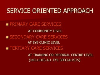 SERVICE ORIENTED APPROACH
 PRIMARY CARE SERVICES
AT COMMUNITY LEVEL
 SECONDARY CARE SERVICES
AT EYE CLINIC LEVEL
 TERTIARY CARE SERVICES
AT TRAINING OR REFERRAL CENTRE LEVEL
(INCLUDES ALL EYE SPECIALISTS)
 