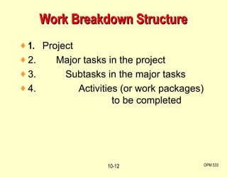 Work Breakdown Structure 1. Project 2.   Major tasks in the project 3. Subtasks in the major tasks 4.   Activities (or work packages)  to be completed OPM 533 10- 
