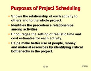 Purposes of Project Scheduling Shows the relationship of each activity to others and to the whole project. Identifies the precedence relationships among activities. Encourages the setting of realistic time and cost estimates for each activity. Helps make better use of people, money, and material resources by identifying critical bottlenecks in the project. OPM 533 10- 