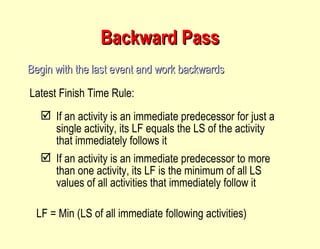 Backward Pass Begin with the last event and work backwards Latest Finish Time Rule: If an activity is an immediate predecessor for just a single activity, its LF equals the LS of the activity that immediately follows it If an activity is an immediate predecessor to more than one activity, its LF is the minimum of all LS values of all activities that immediately follow it LF = Min (LS of all immediate following activities) 